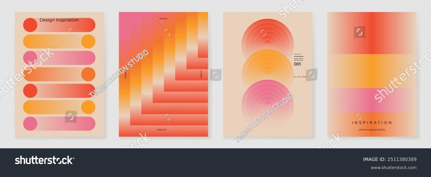 Collection of 70s color gradient poster background vector. Set of retro wall decoration  groovy  trippy  geometric shape. Vintage hippie wall art for interior  decorative  banner  cover  card.