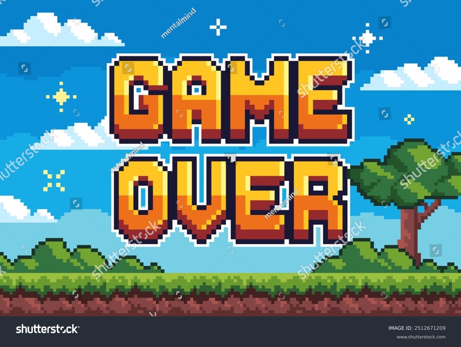 Game over background. Pixel 8 bit banner for retro video game screen. Vintage Landscape with trees and sky for arcade platformer game. Retro vector illustration in pixel art style