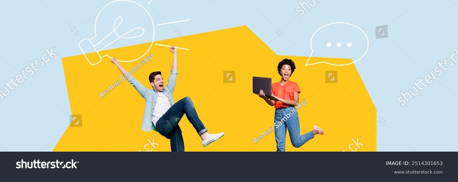 Panoramic creative collage young woman man project management colleagues laptop digital device celebrate success energetic victory