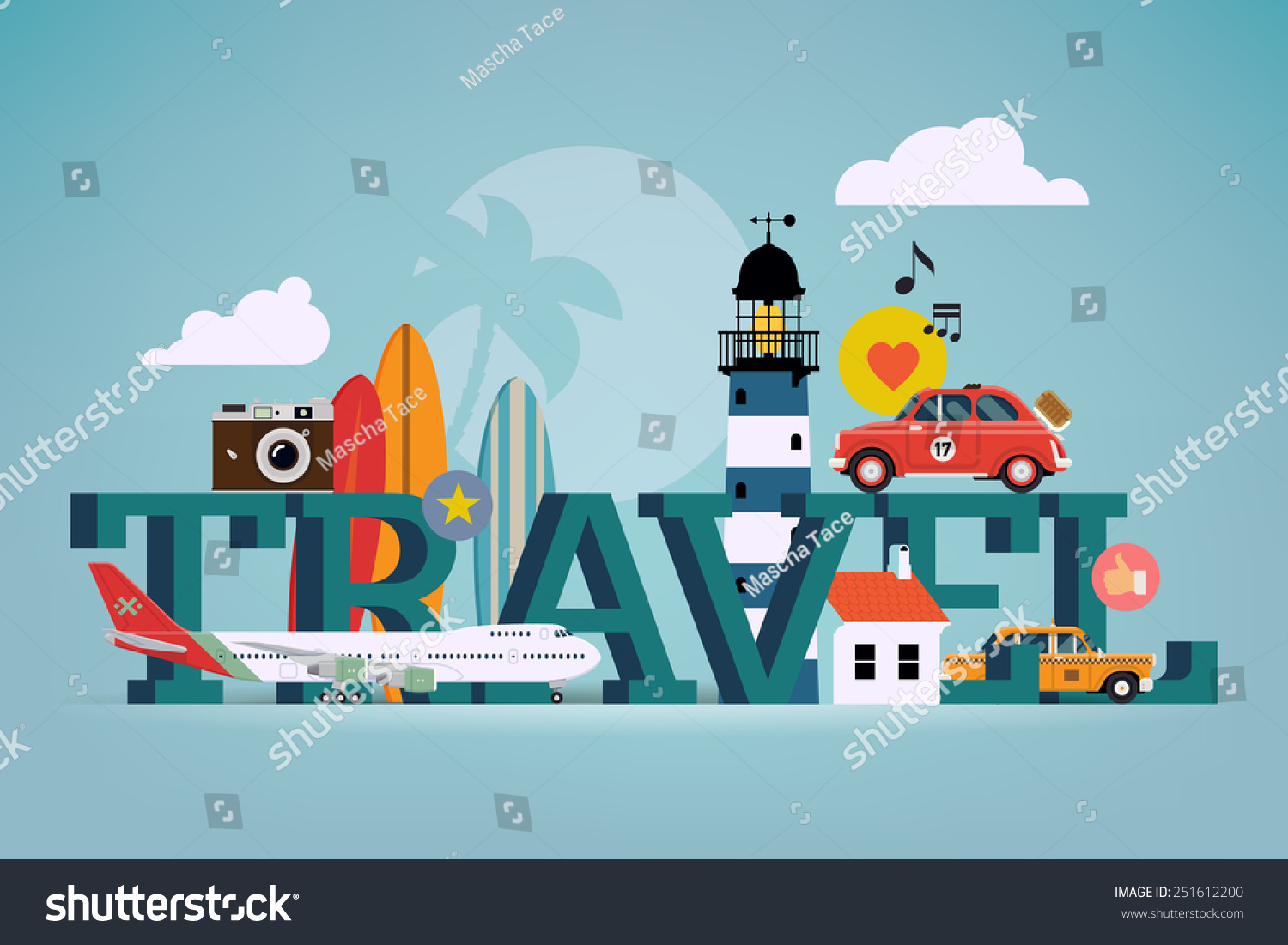 Vector cool detailed flat horizontal web banner or site page header image template on best summer travel  touristic destinations  water activities with surf boards  lighthouse  air plane  retro camera