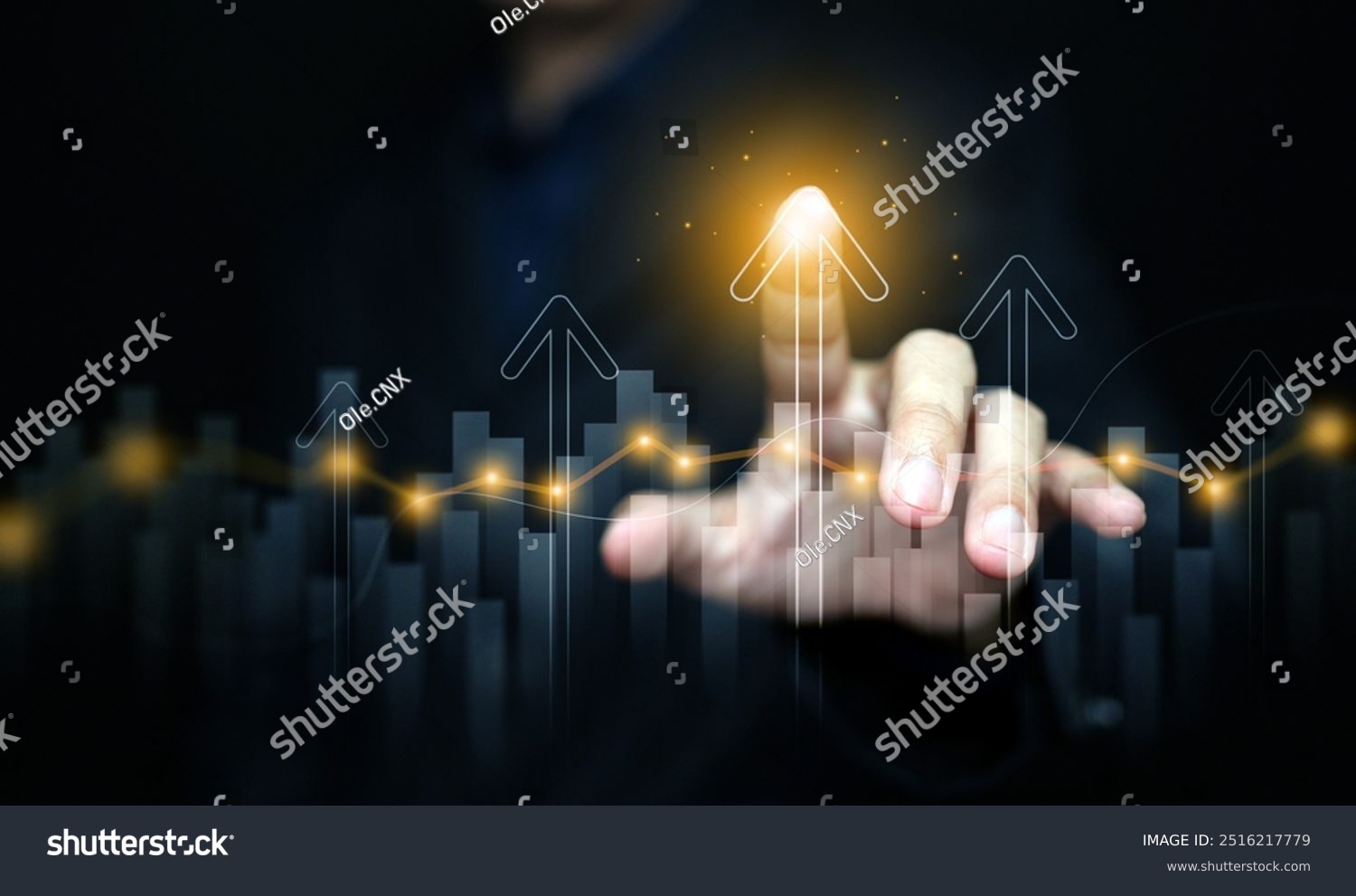 Finance business investment or economy growing graph concept. A man tapping on top of an arrow analyzed data as it rising up high. The chart and arrows represening the growth and increase.