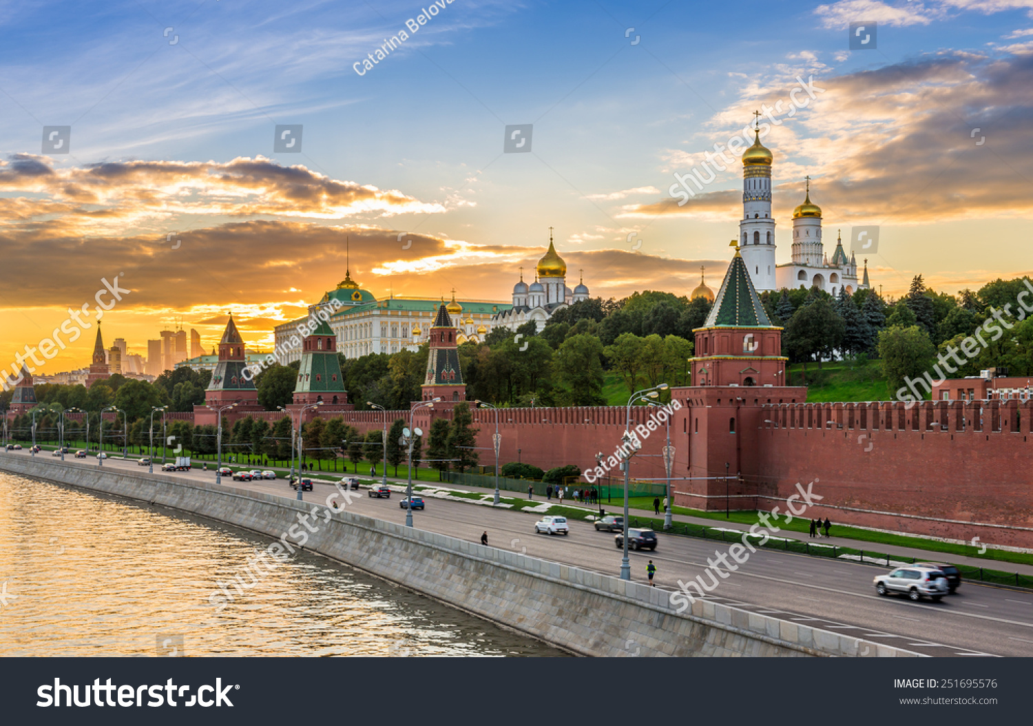 Sunset view of Moscow Kremlin and Moscow River in Moscow Russia. Moscow architecture and landmark Moscow cityscape