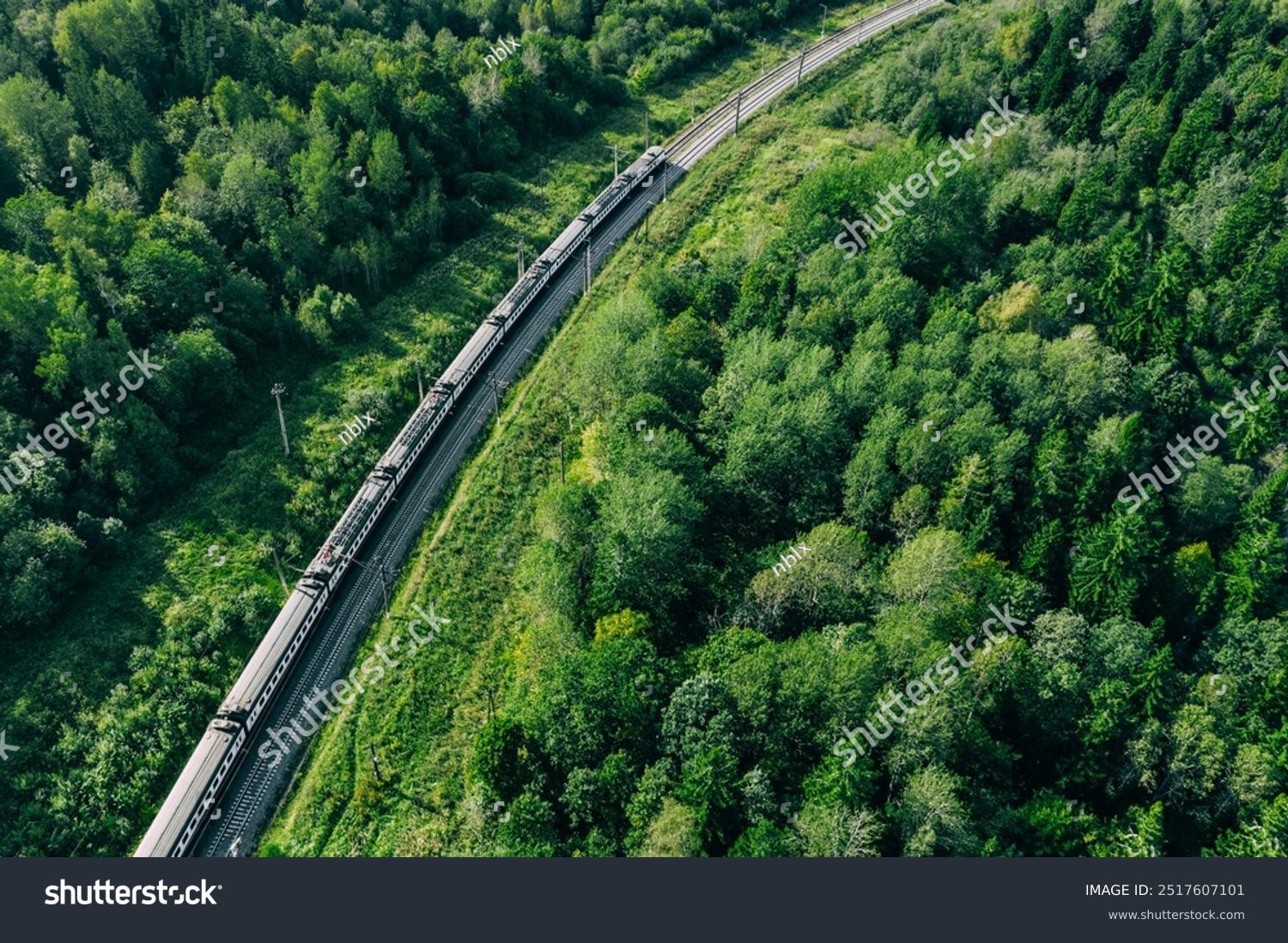 Aerial drone view of train in beautiful green summer forest. Long commuter train moving to railway station