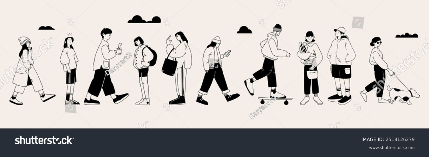 Crowd of young people  men and women  going about their business. Trendy vector illustration.