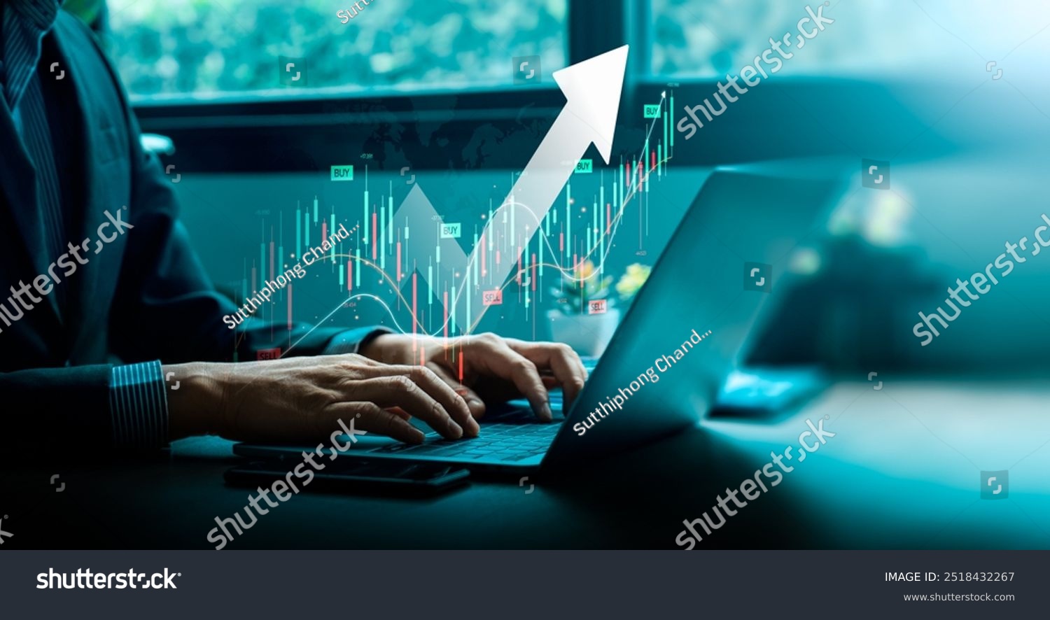 Businessman Analyzing Stock Market Trends on Laptop and Tablet with Upward Arrow and Trading Data Representing Financial Growth and Investment Strategies in Modern Technology Forex Trading