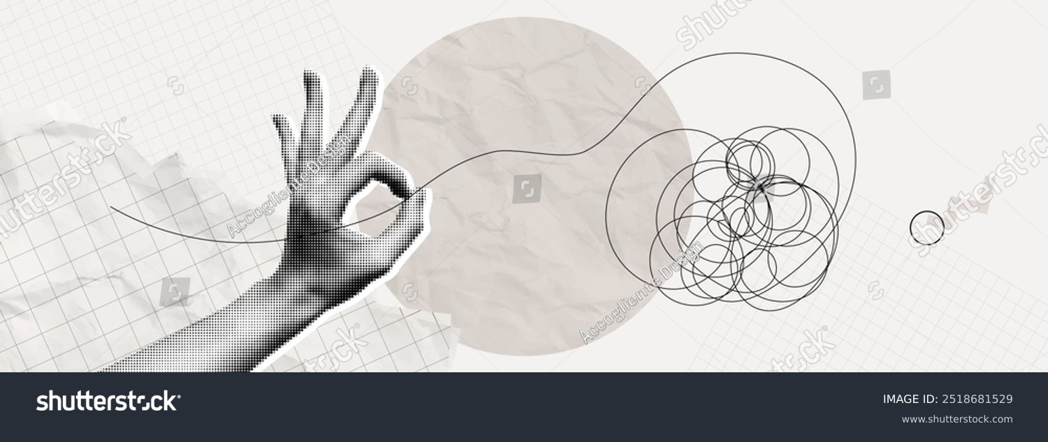 Trendy Halftone Collage Simplify complex process. Hand untangle messy line. Tangle chaos. Easy solution. Mental problem. Brain imagination. Contemporary vector illustration art
