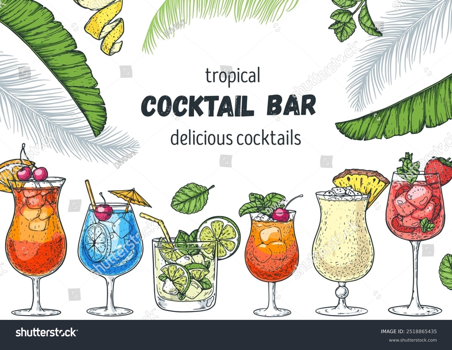 Alcoholic cocktails frame. Hand drawn vector illustration. Tropical ...