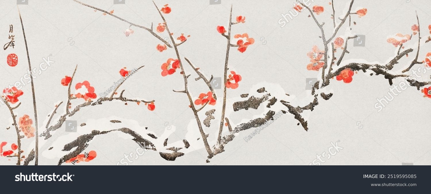 Flowering plums in snow (1818–1829) vintage Japanese painting by Yamaoka Geppo. Beautiful vintage Japanese floral art drawing illustration  old floral painting flowers art print.