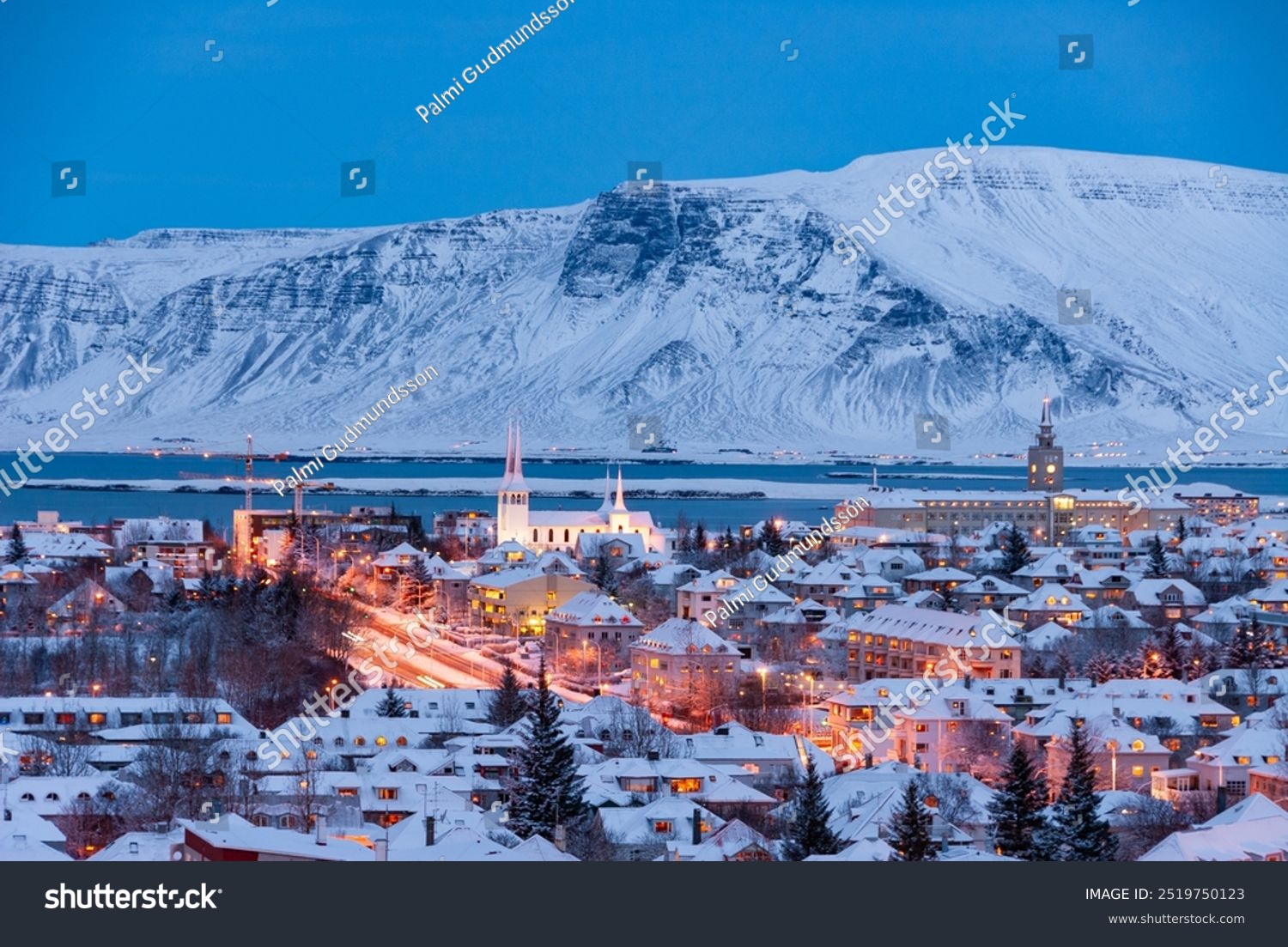 Reykjavik  capital city in Iceland in winter at evening