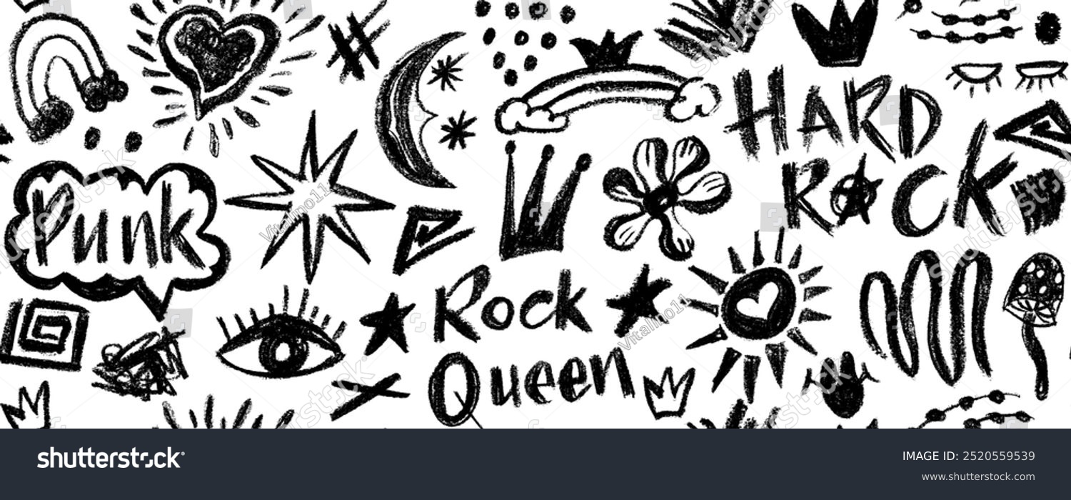 Vector seamless pattern charcoal graffiti doodle punk and girly shapes ...
