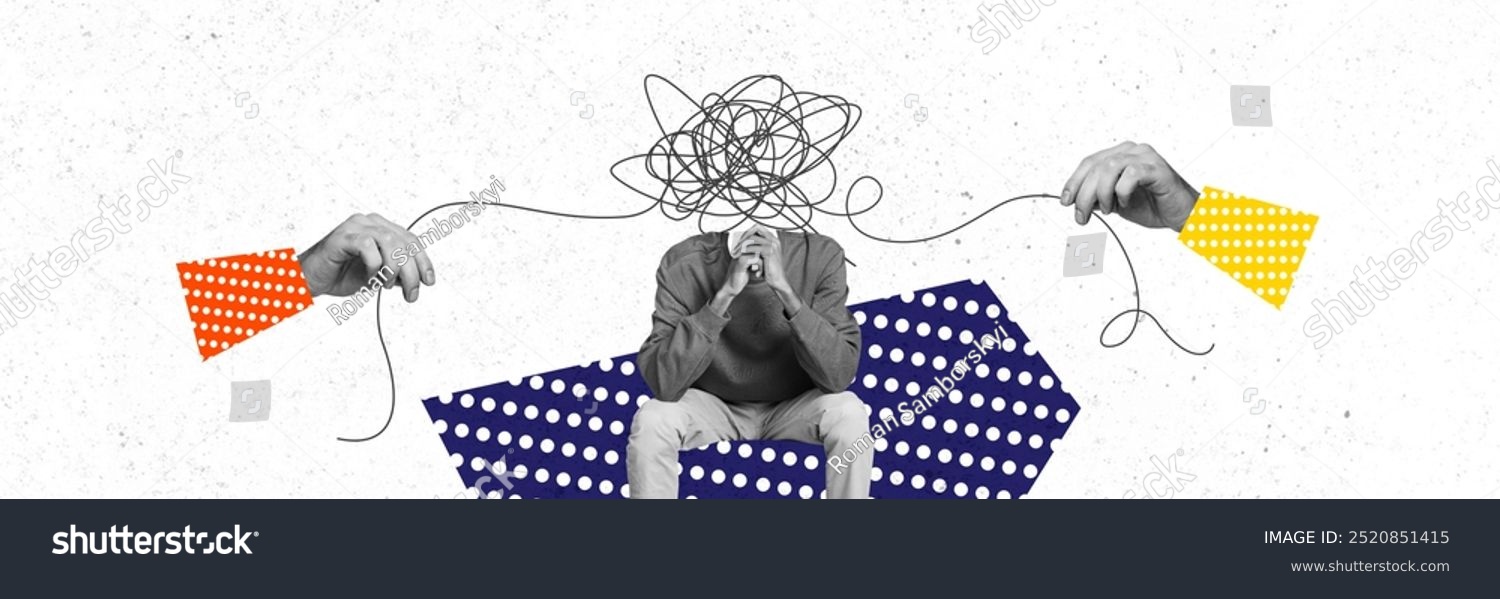 Composite trend artwork sketch 3d photo collage of young guy sit hand hold together headless line mess think psychology self mind thread