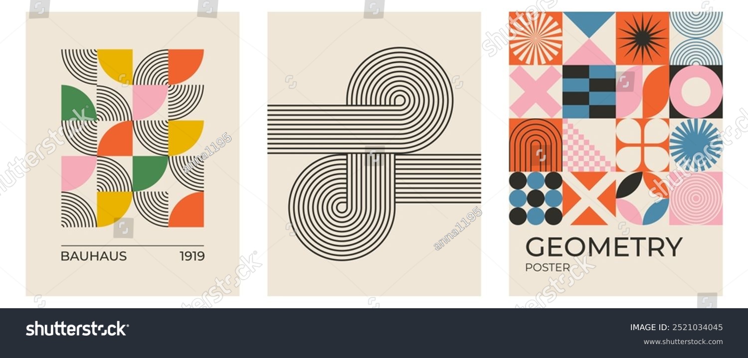 Set of trendy modern abstract geometric bauhaus vector posters with circle  square line shape. Minimalistic print for wall art decoration  postcard or brochure cover design in retro style art.
