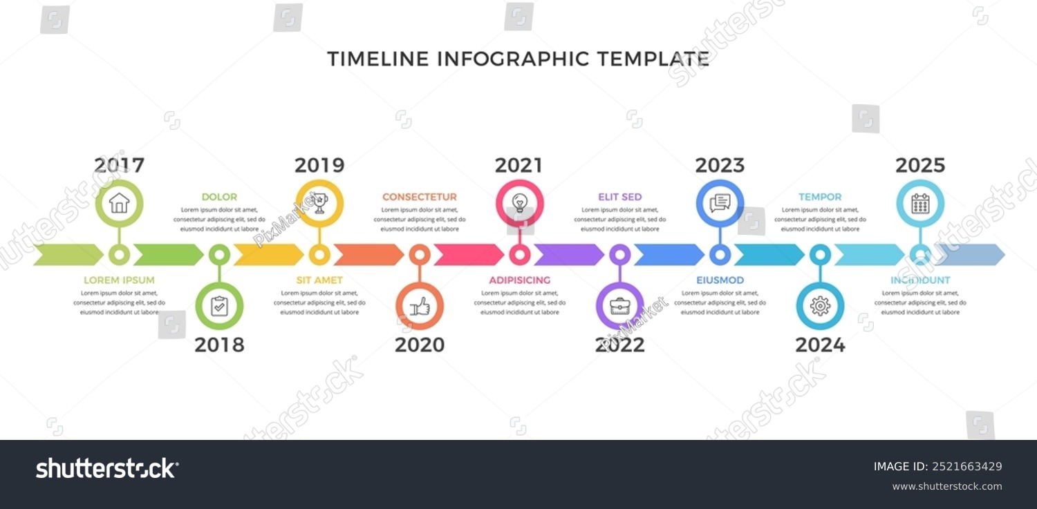 Long horizontal timeline infographic template with nine parts vector ...
