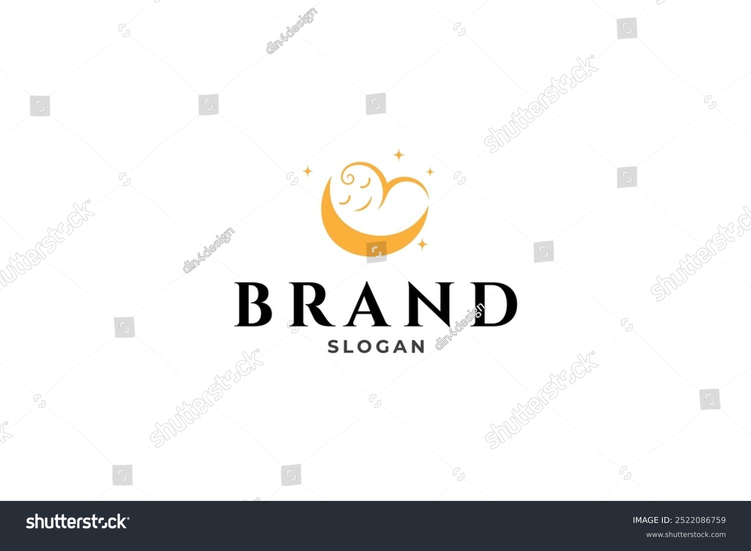 baby logo sleeping on a crescent moon decorated with stars in flat ...