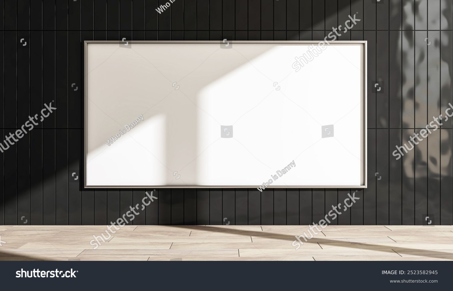 Horizontal billboard mockup on a black tiled wall with wooden floor in ...