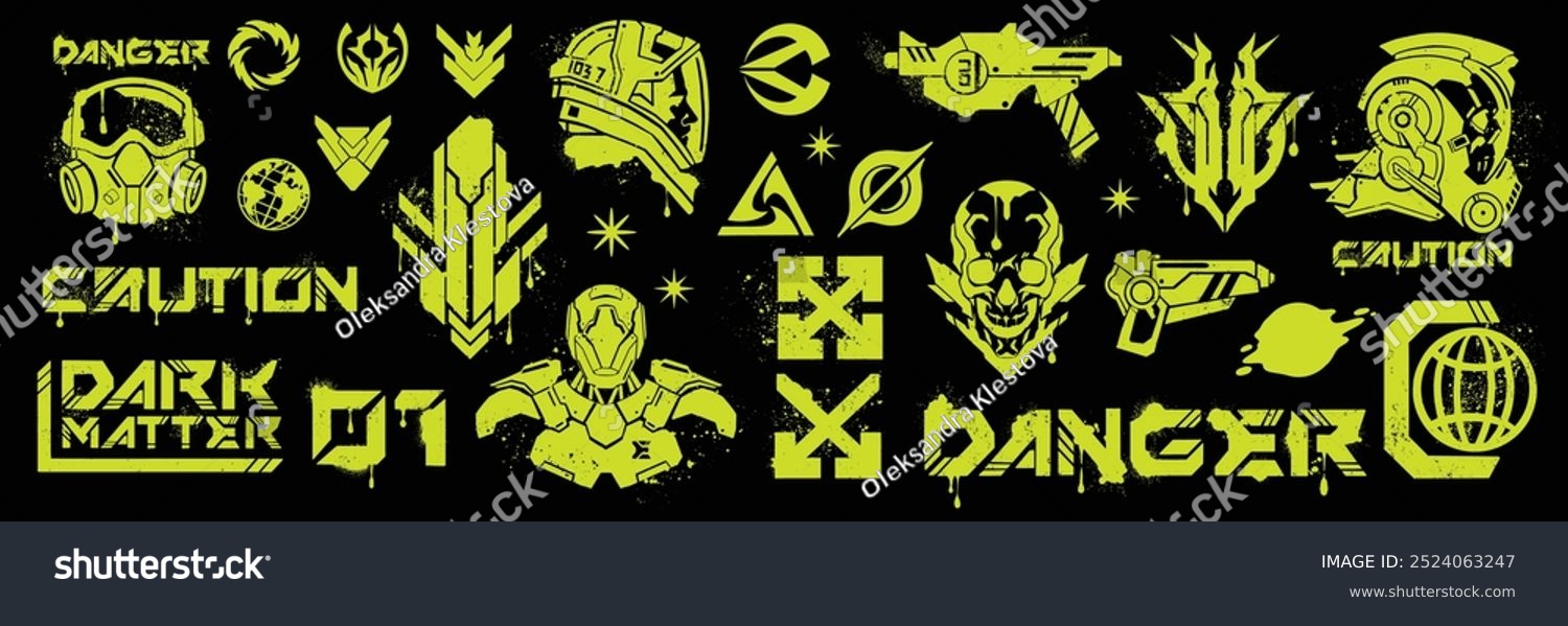 Space futuristic print set  biohazard danger sign  vector radiation protection gas mask logo  skull. Astronaut helmet print  sci-fi alien toxic caution badge  streetwear techno kit. Futuristic print