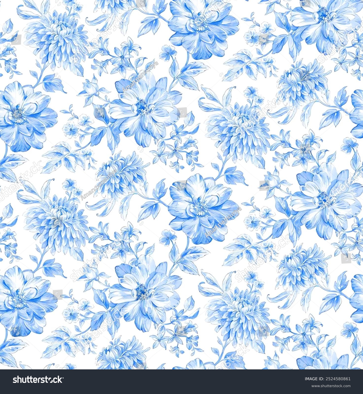 blue colour seamless froral allover pattern design 