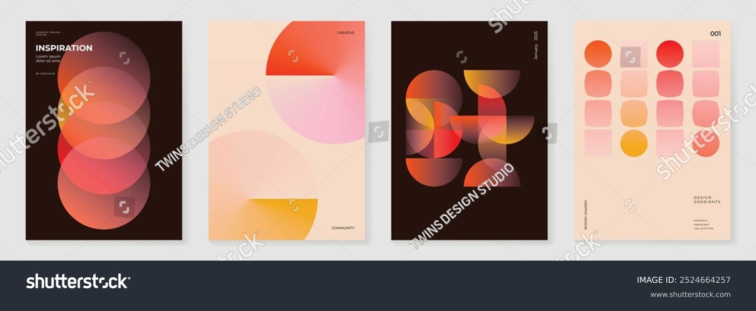 Collection of 70s color gradient poster background vector. Set of retro wall decoration  groovy  trippy  geometric shape. Vintage hippie wall art for interior  decorative  banner  cover  card.