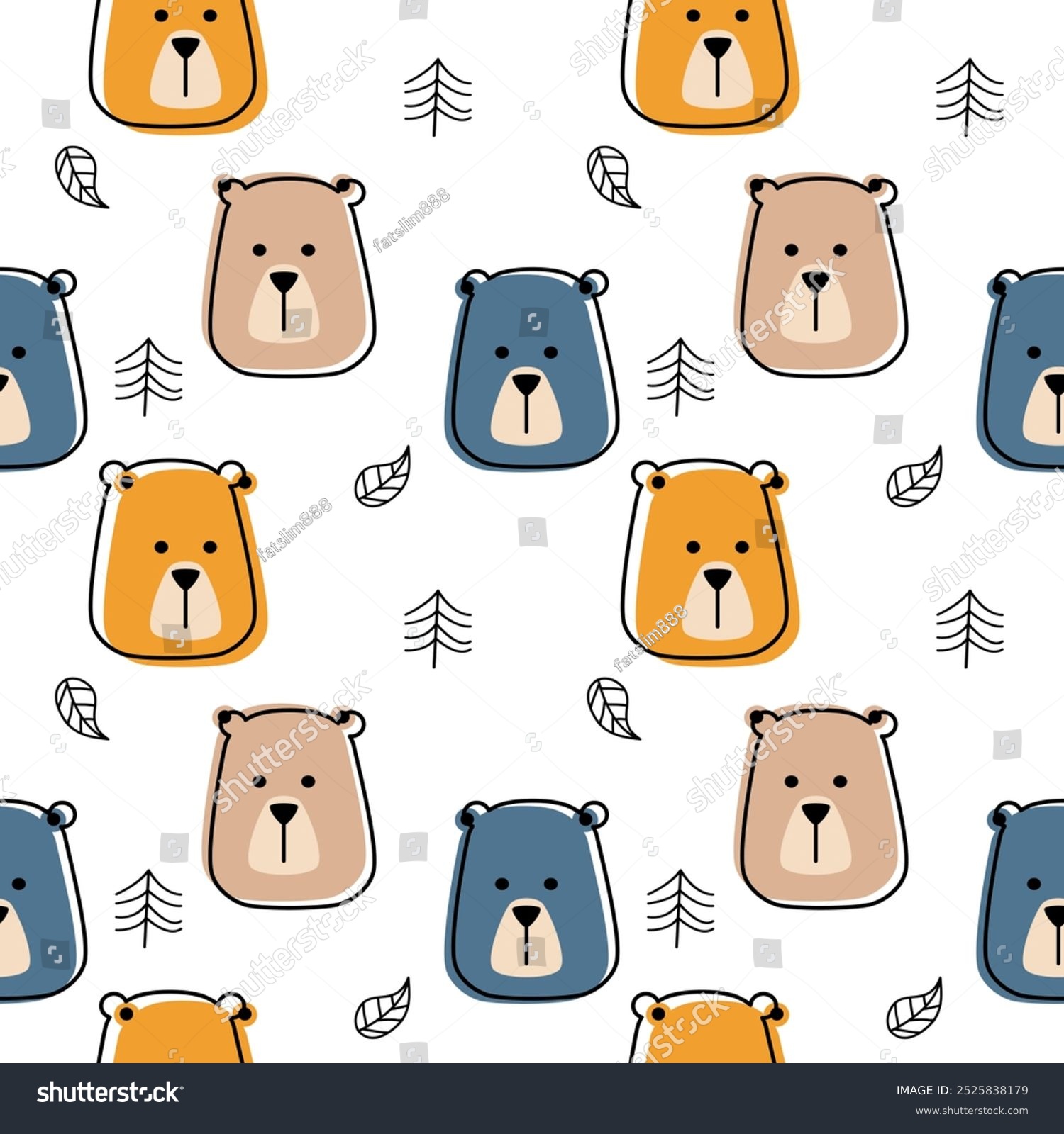 Face bear cartoon so cute. On tree leaf white background. Pattern seamless vector illustration. 