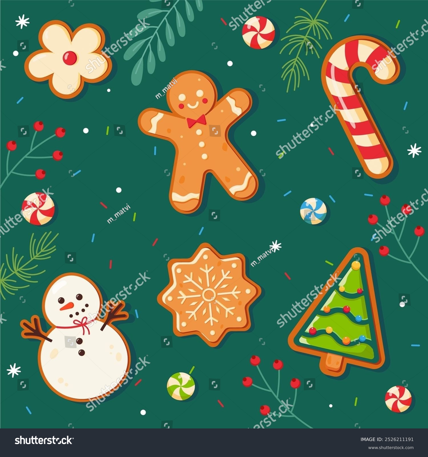 Gingerbread cookies and christmas cookies set isolataden on white. Christmas Classic biscuit. Cute ginger bread men  tree  snowman  snowflake. Sweet dessert. Christmas background with gingerbread.