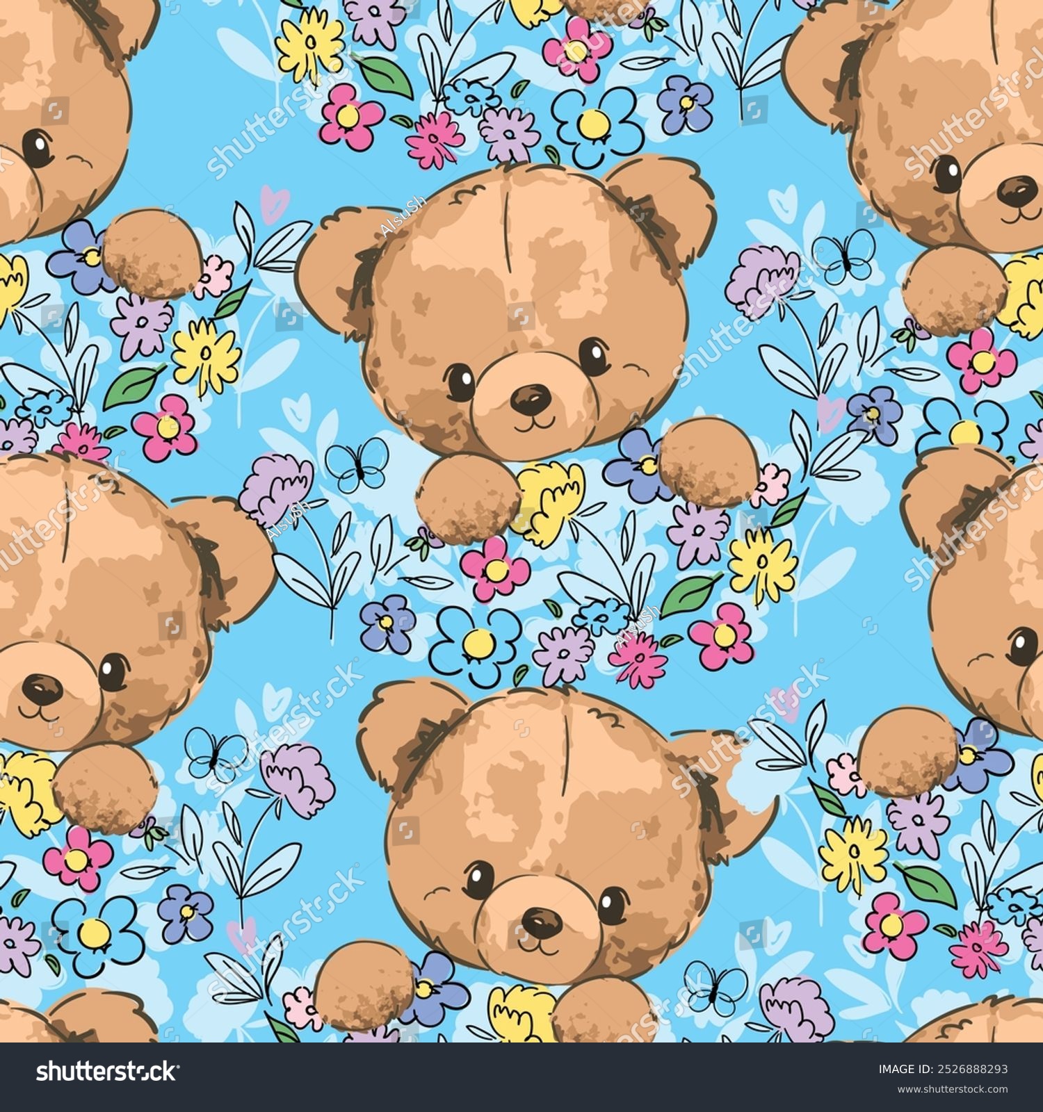 Cute Teddy Bear and flowers pattern seamless vector illustration Hand ...