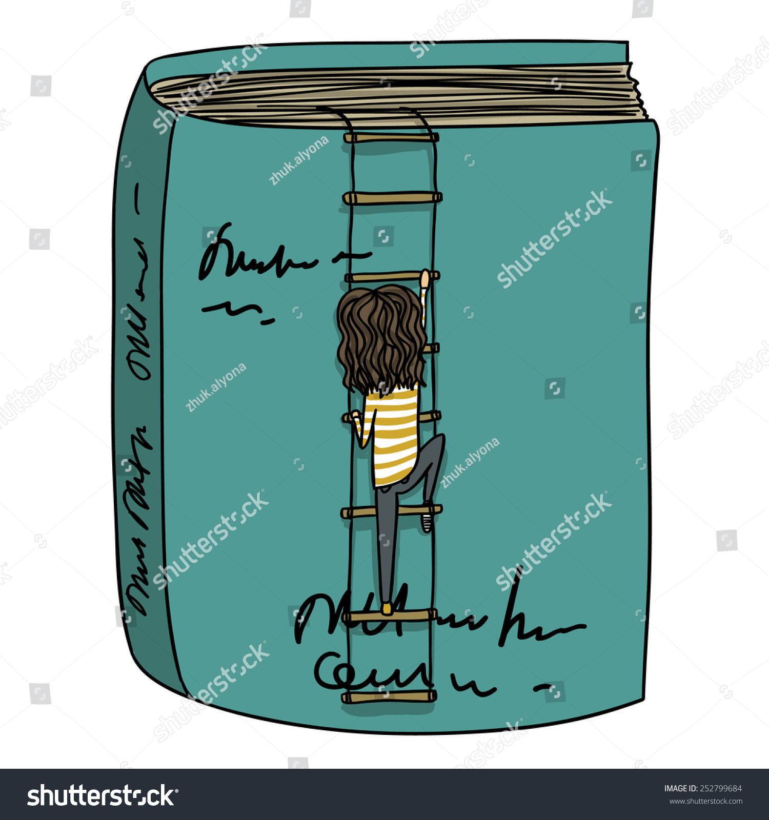 Cartoon Girl Climbing the Rope-Ladder into The Book