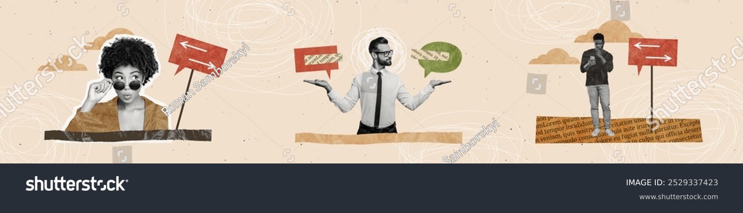 Horizontal abstract graphics collage image of doubtful workers looking for write career direction isolated beige color background
