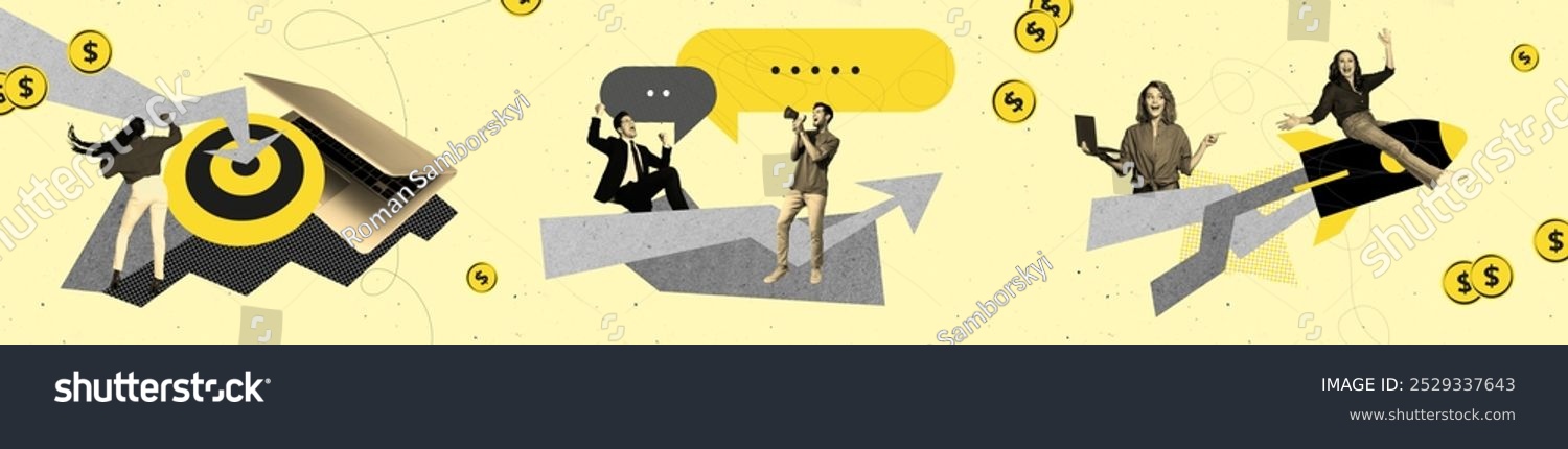 Composite collage picture image of funny temawork entrepreneur people working together earn money panorama bizarre fantasy billboard comics