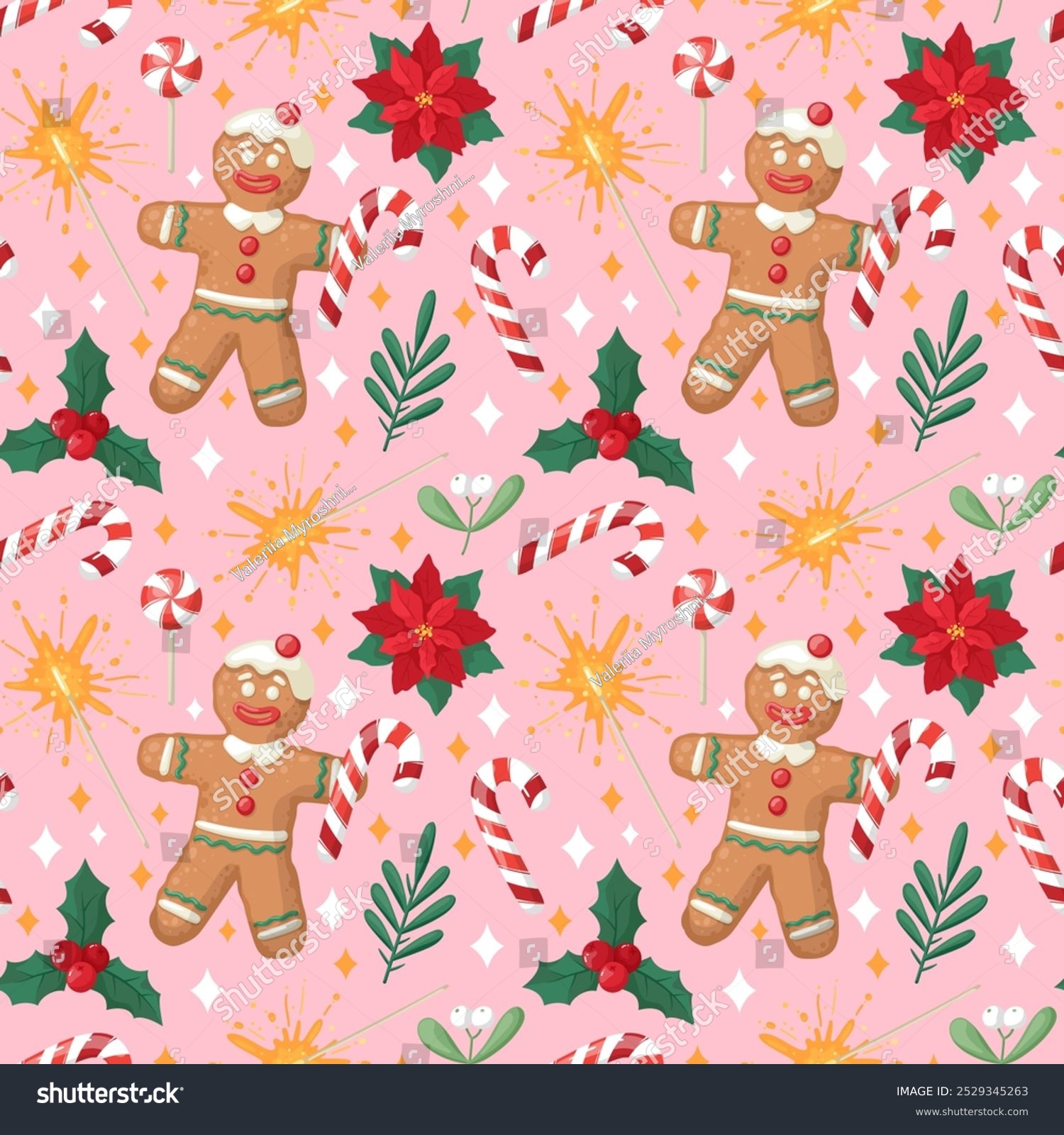 Seamless Christmas pattern with gingerbread man  sweets  botany on a pink background. Hand drawn cartoone style. Perfect for fabric  scrapbooking  banner  card  wrapping paper  textile  wallpaper.