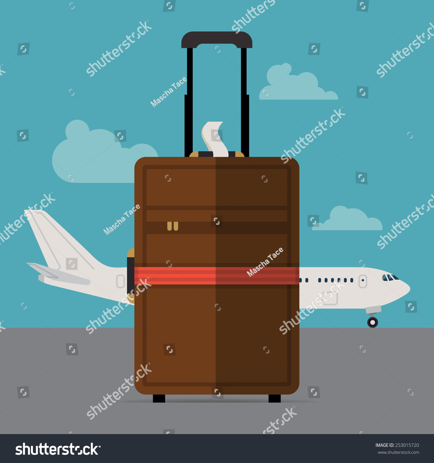 Vector modern flat design web banner background on hand cabin size luggage suitcase standing with regular airline jet plane standing on blue sky with clouds background