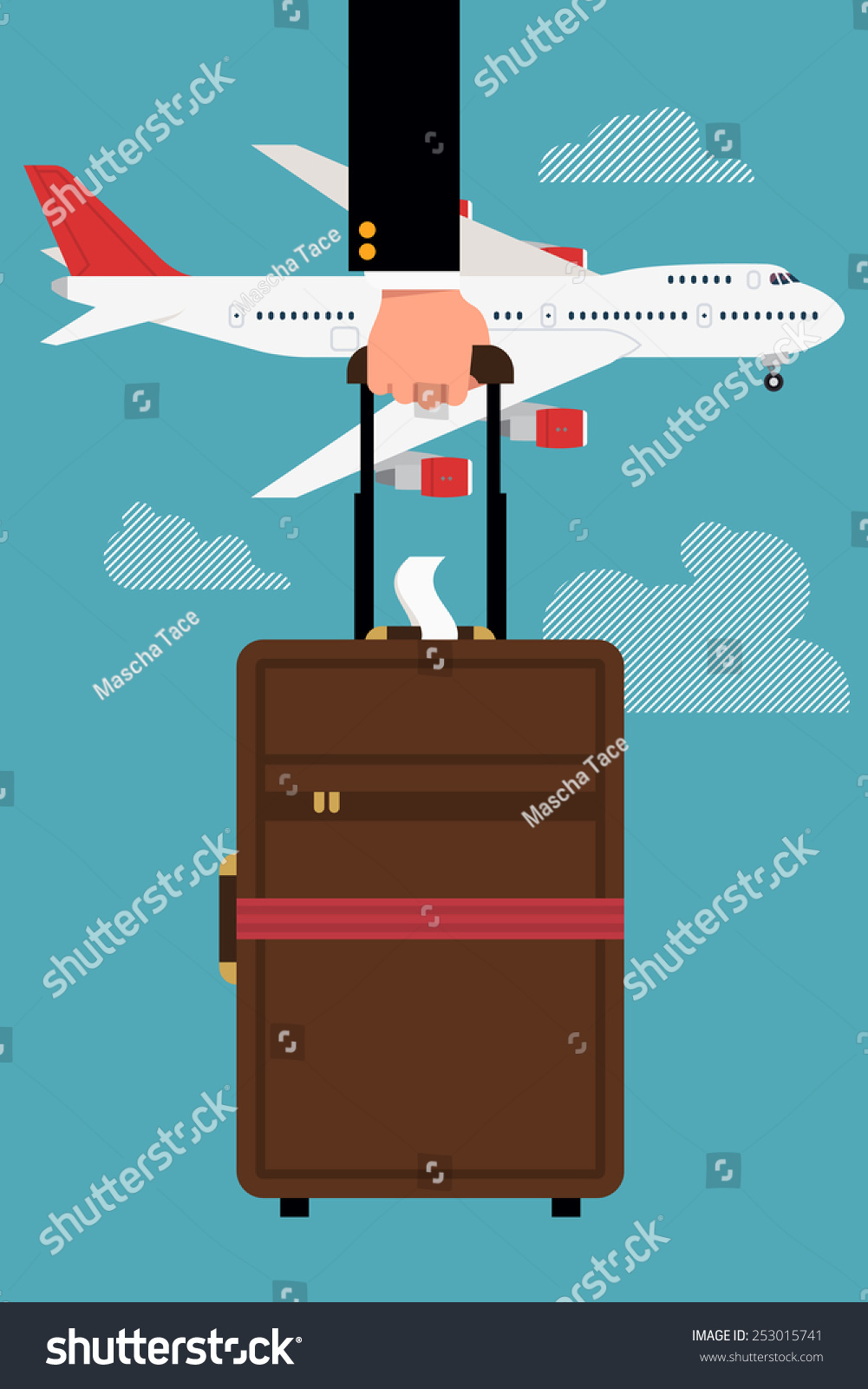Vector cool flat design web banner or printable on business trip and travel with jet airliner flying  abstract businessman's hand holding cabin size luggage  and clouds | Business class airline trip