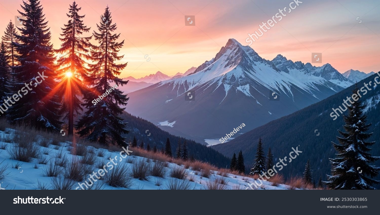 Mountain winter landscape at sunset. Background  nature  winter.