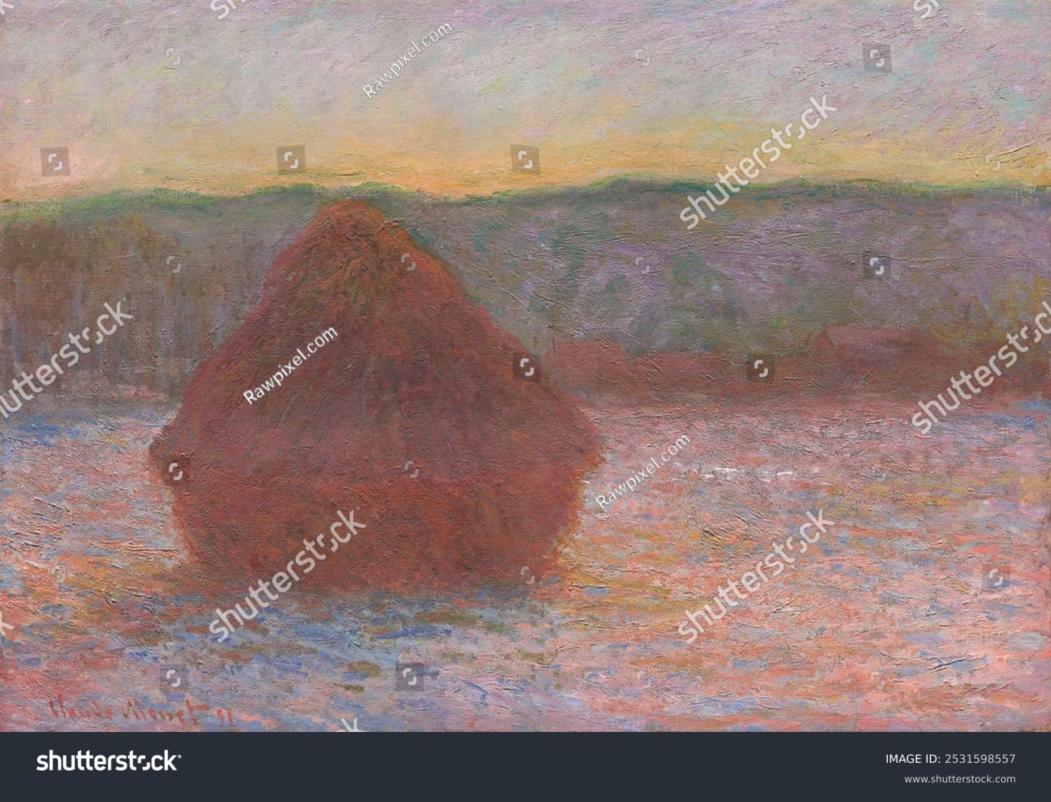 Haystacks Thaw Sunset (1890-1891) by Claude Monet. Vintage haystack drawing old illustration painting haystack art print. Vintage artwork by Claude Monet.