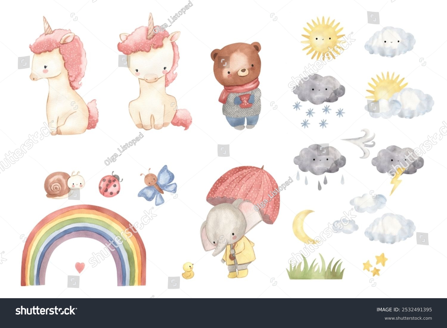 Watercolor weather  unicorn  bear  elephant illustration for kids
