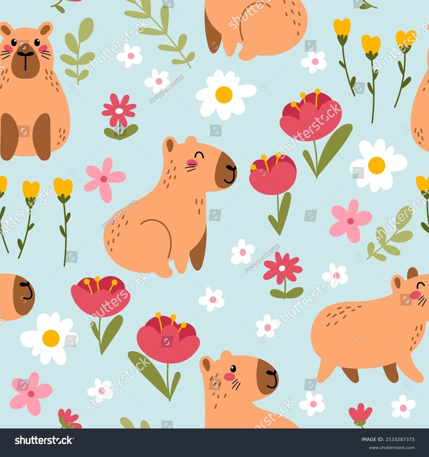 Capybara seamless pattern with flowers and leaves on a blue background. Textile  wrapping paper  wallpaper design. Print for fabric. Vector cute background. 