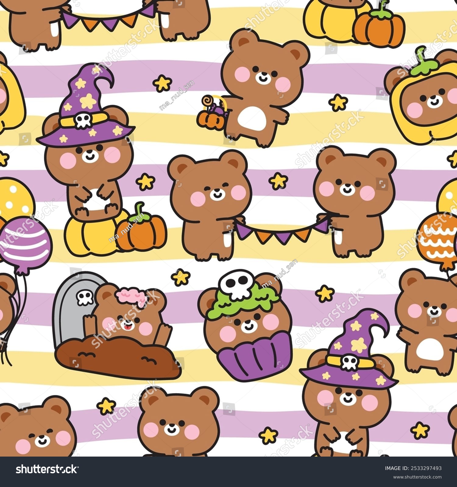 Happy halloween.Seamless pattern of cute teddy bear in various poses background.Balloon grave cupcake pumpkin hand drawn.Witch.Animal cartoon.Kawaii.Vector.Illustration.