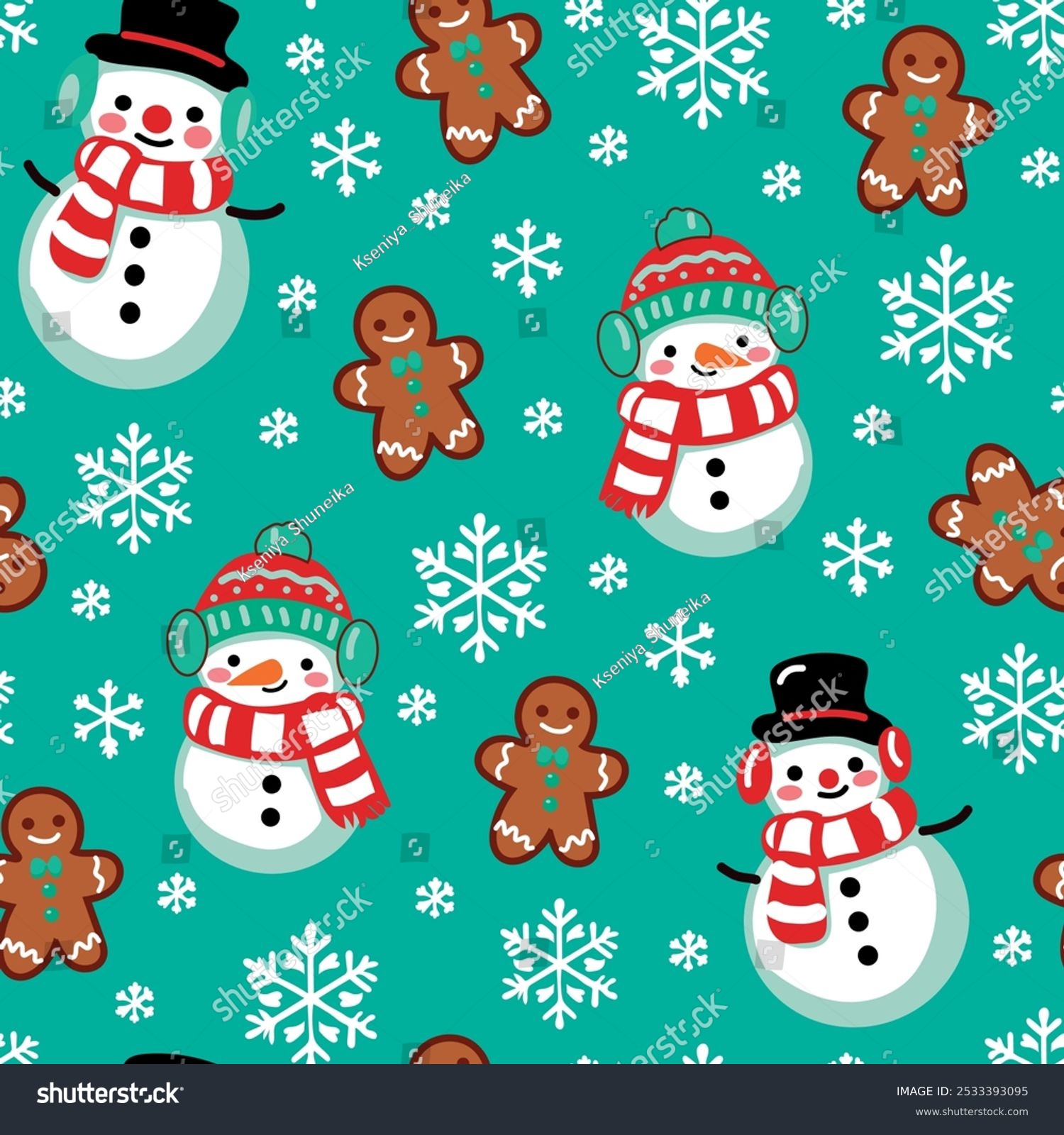 Christmas seamles pattern with cute snowman character  snowflackes and gingerbread man. Vector print for wrapping paper and holiday decor