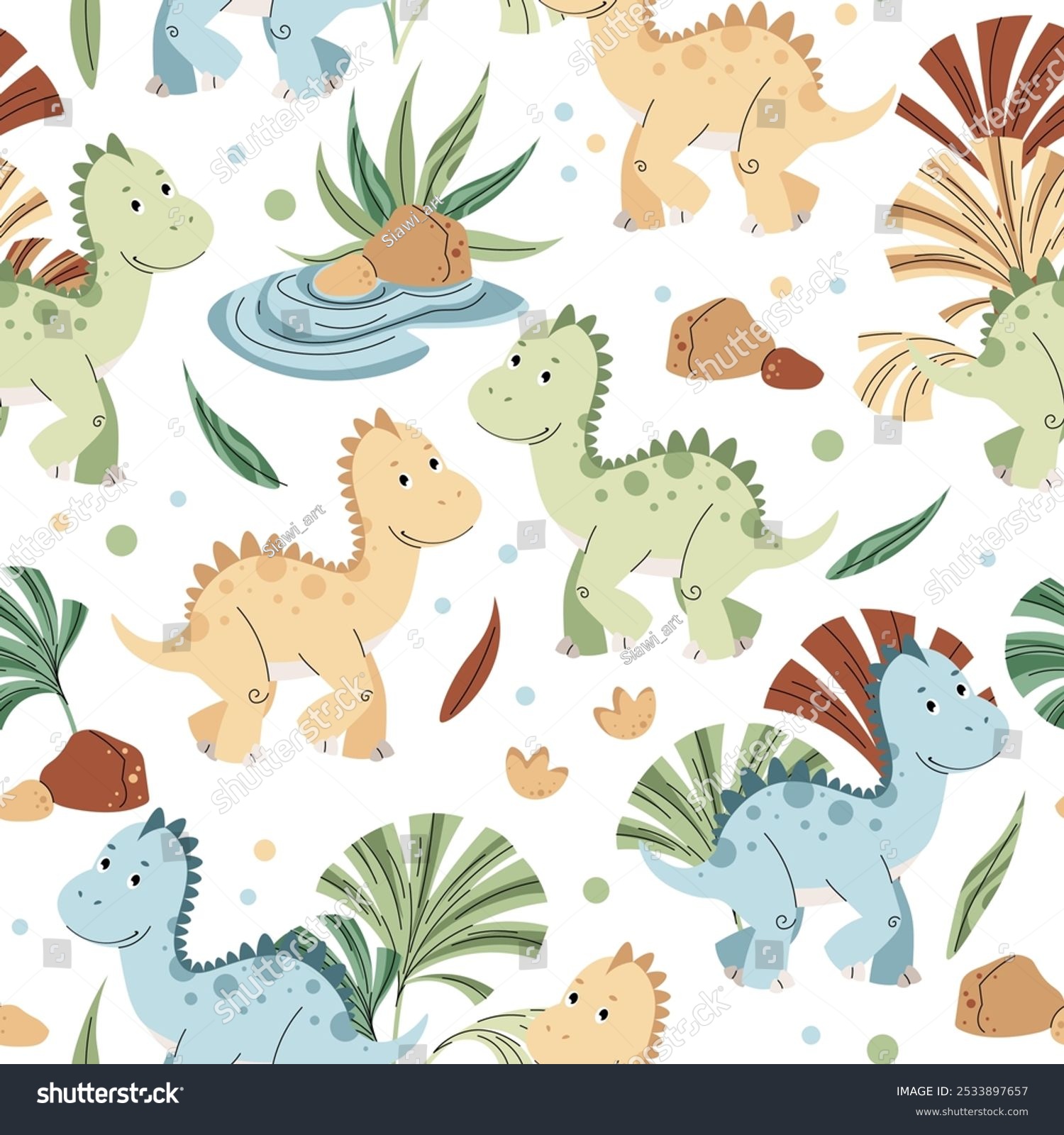 Seamless pattern with cute dinosaurs in flat style. Endless background with baby dinosaur  tropical plants and footprints. Kiddie background for fabric  wallpaper  wrapping paper  scrapbooking  etc