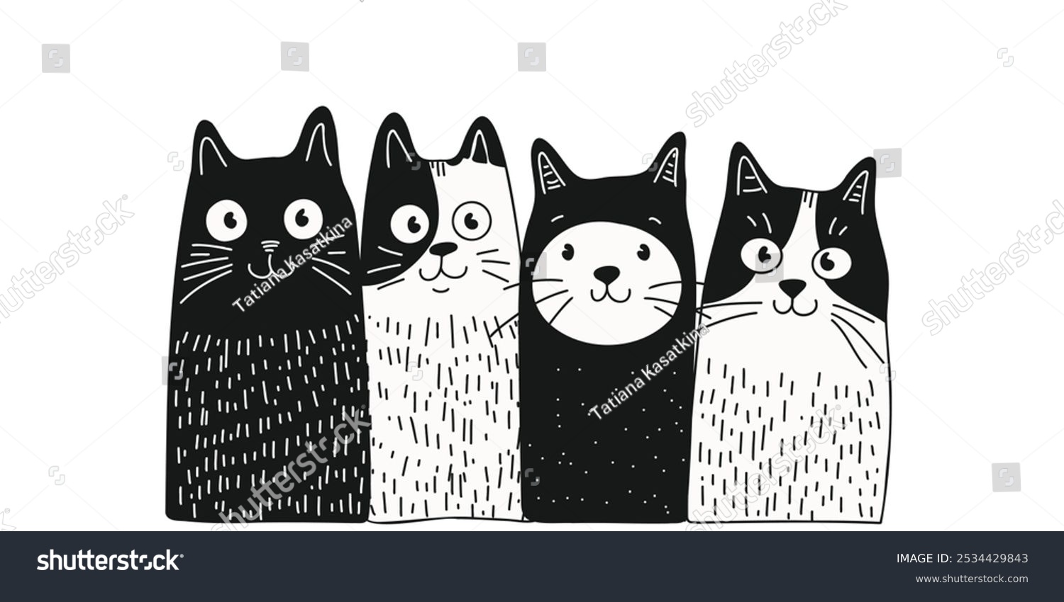 Black and white cats with cute faces in cartoon style  doodle style  hand-drawn  on a white background