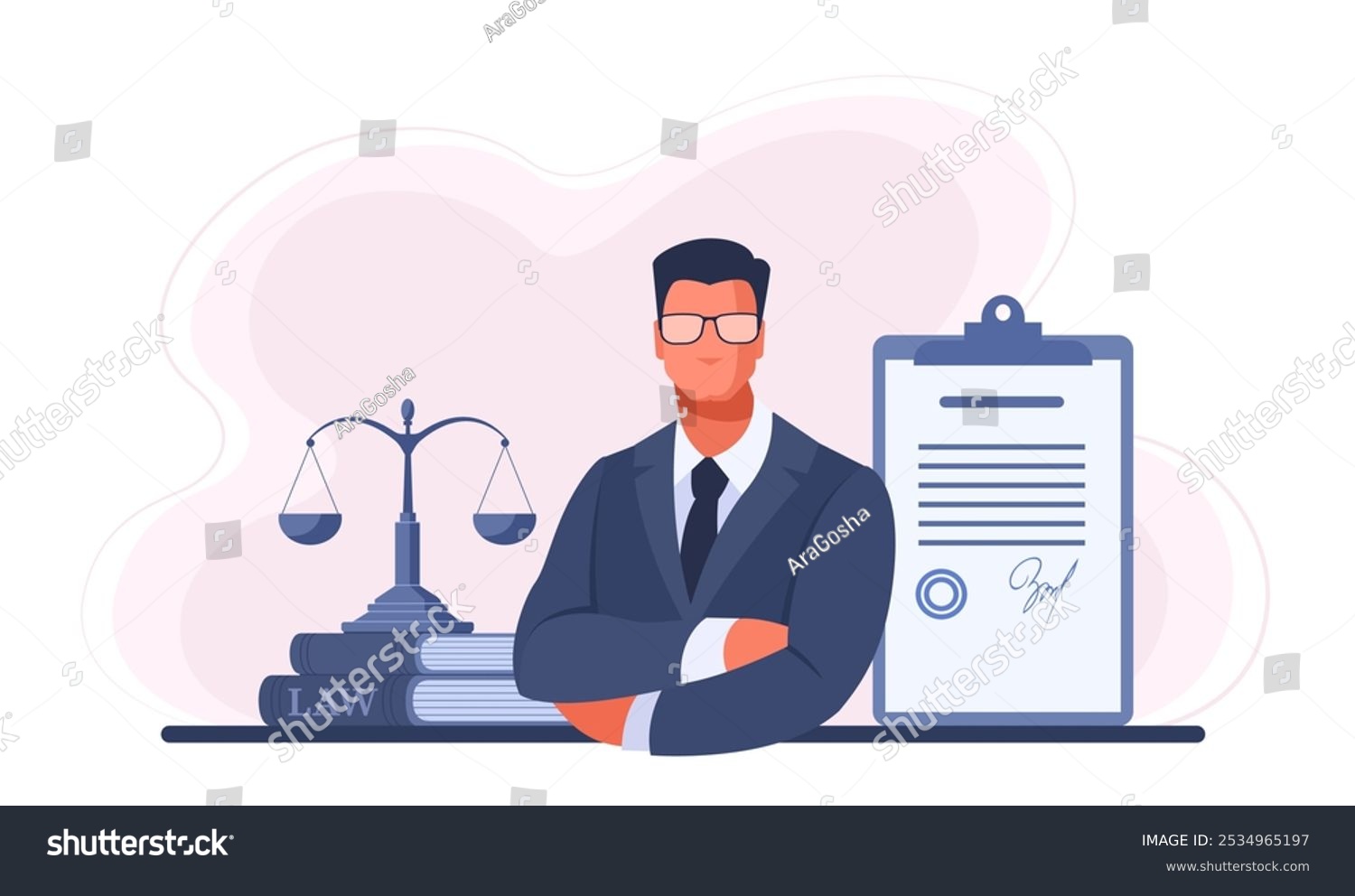 Man lawyer  attorney in suit holds contract and scales. Concept of legal services for business  conclusion of deal  contract. Lawyer  attorney services  notary. Vector illustration in blue.