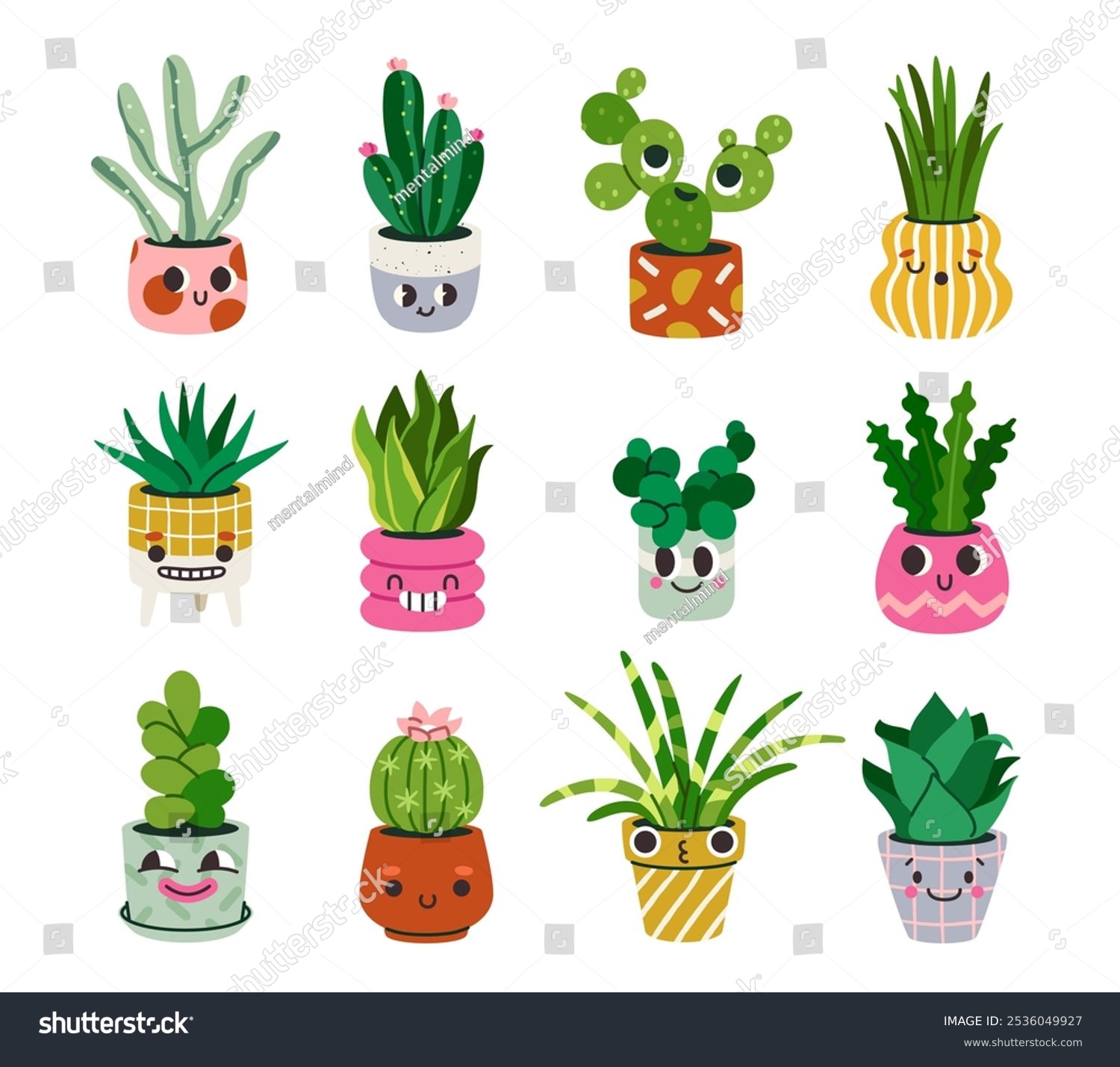 Set of cute cartoon cactuses. Succulents with emotions. Cactus plant ...