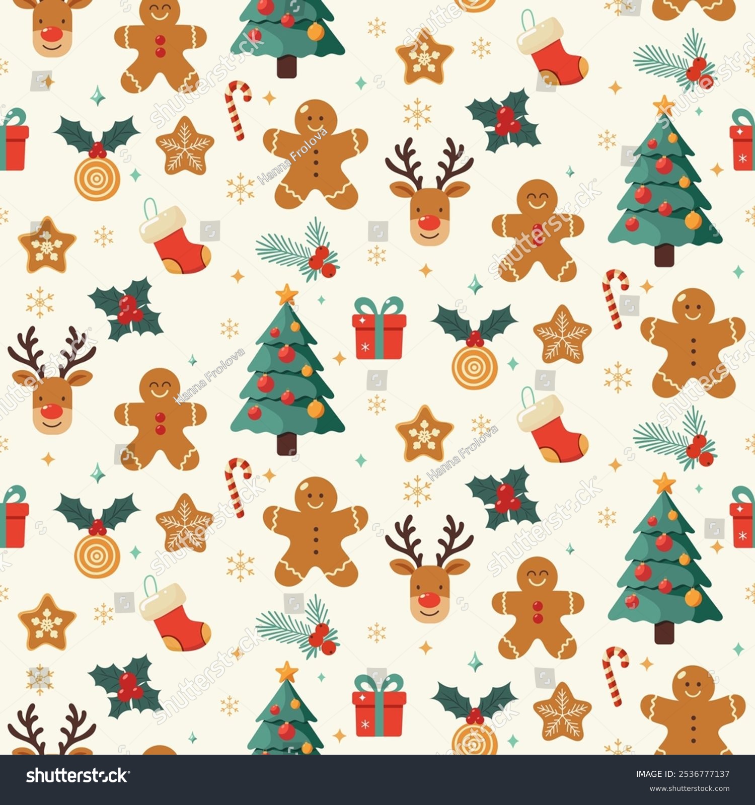 Christmas pattern with deer  gingerbread man  sweets  snowflakes  gifts on a light background. Seamless background perfect for use in textiles  wallpapers  and festive decorations.