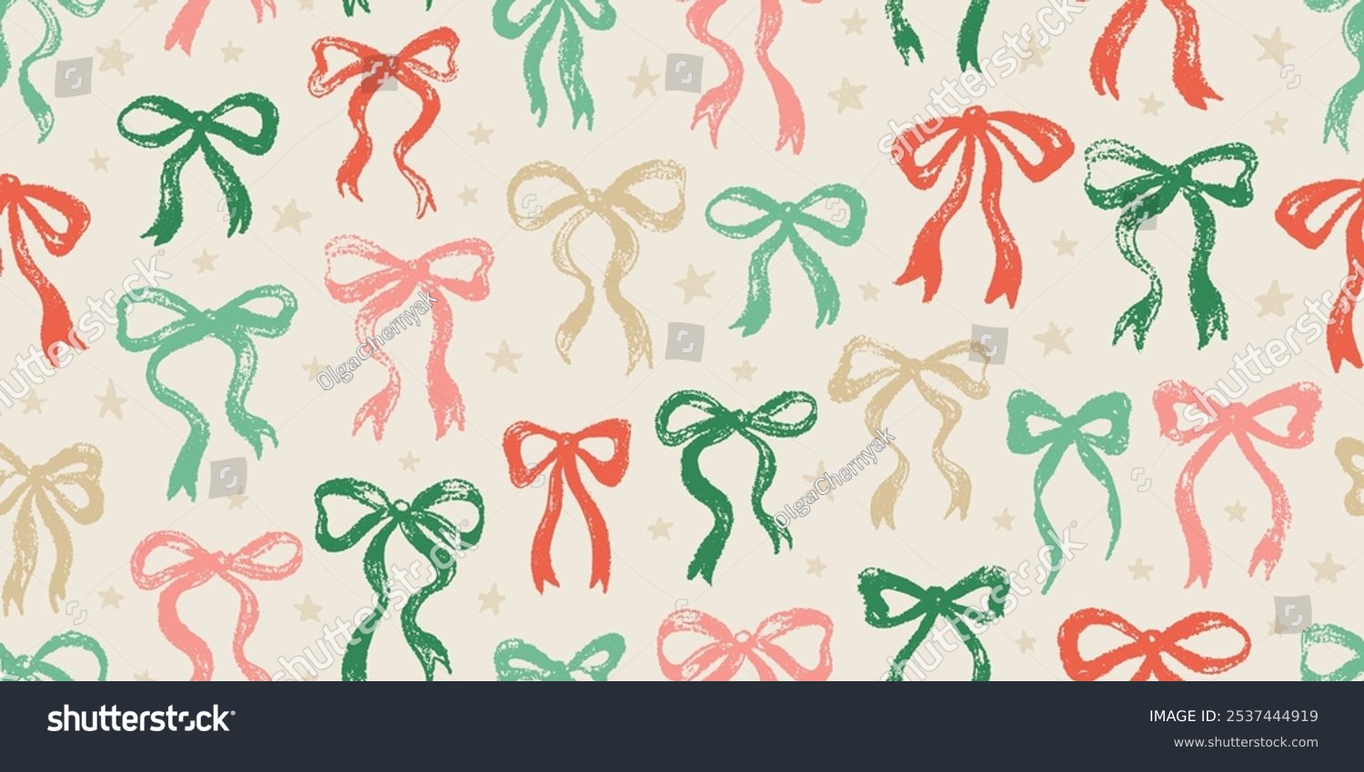 Bow pattern. Christmas seamless vintage ribbon vector illustration. Gift drawing  cute present crayon design. Colorful doodle hand drawn bow pattern. Seamless ribbon print background. Pink silhouette