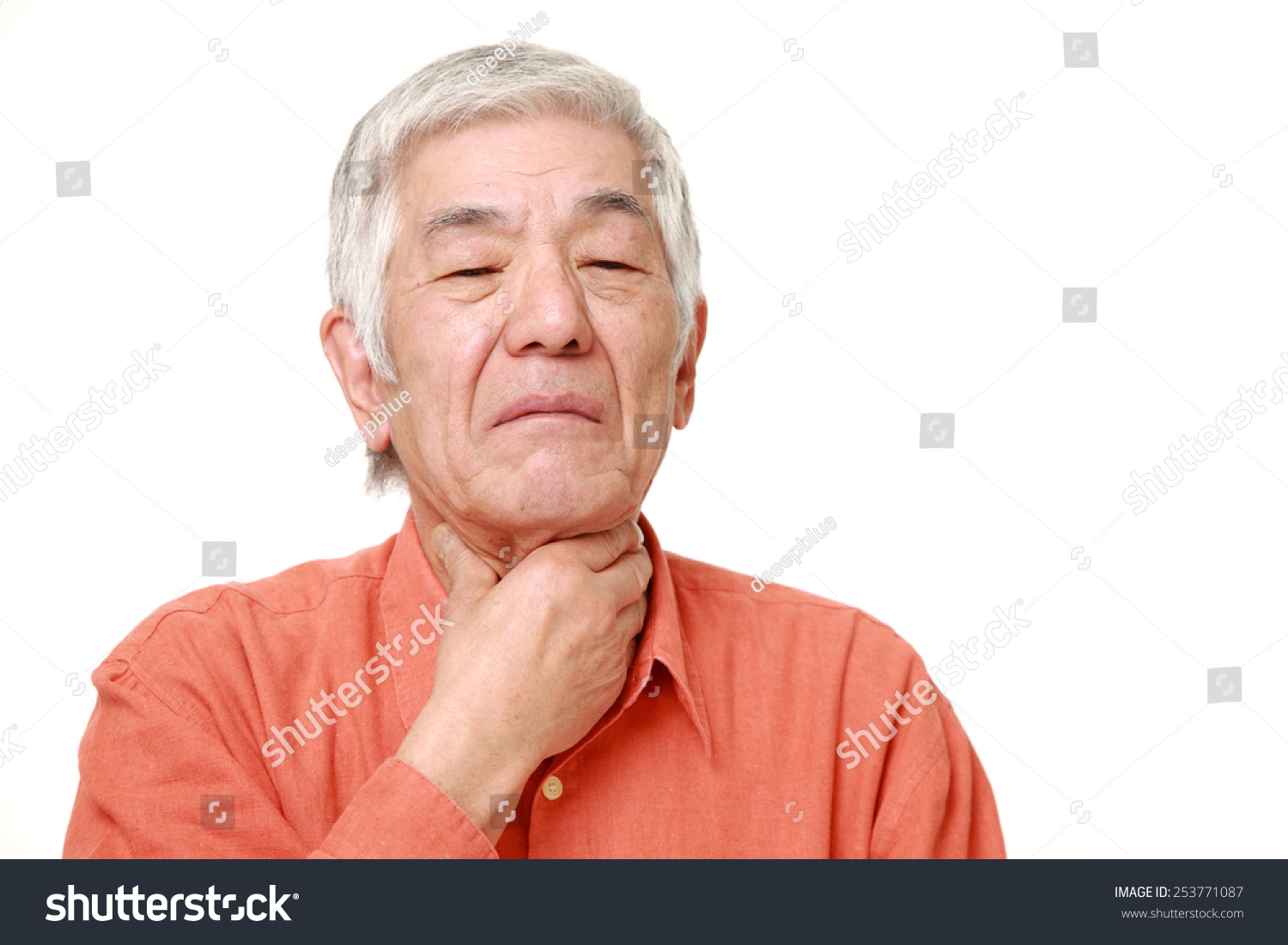 senior Japanese man having throat pain