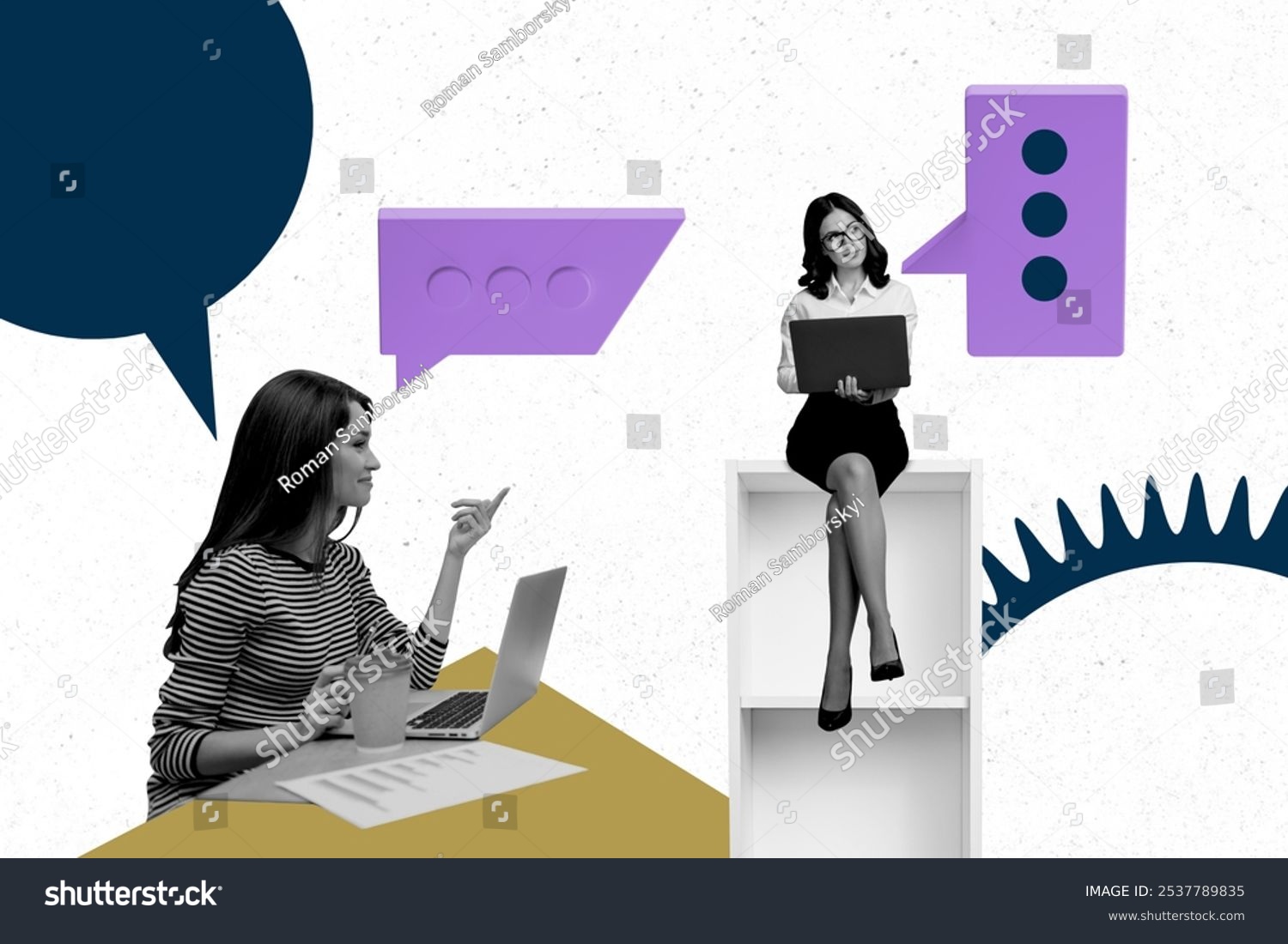 Composite trend artwork sketch image 3D photo collage of team two lady coworking office drink coffee break relax laptop chatting talk