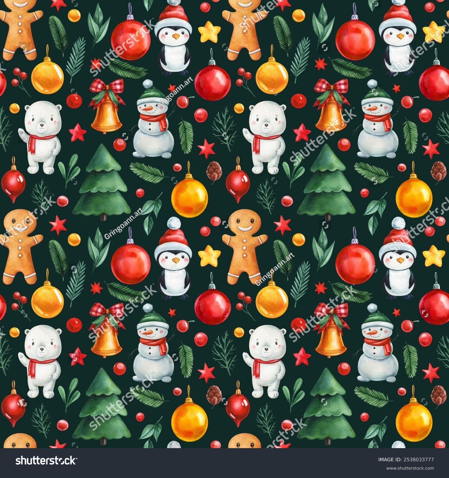 Seamless watercolor painted  snowman  gingerbread  polar bear  penguin for holiday designs. Dark background