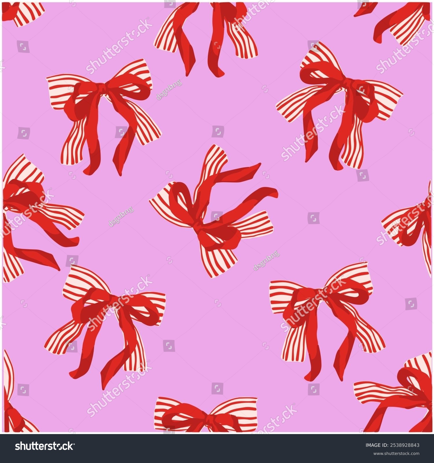 Seamless Christmas Pattern with Red White Striped Ribbon and Red Ribbon