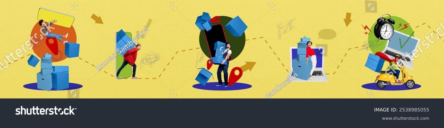 Artwork sketch image photo collage of horizontal panorama young lady man work delivery carry pile box laptop smartphone deadline motorbike
