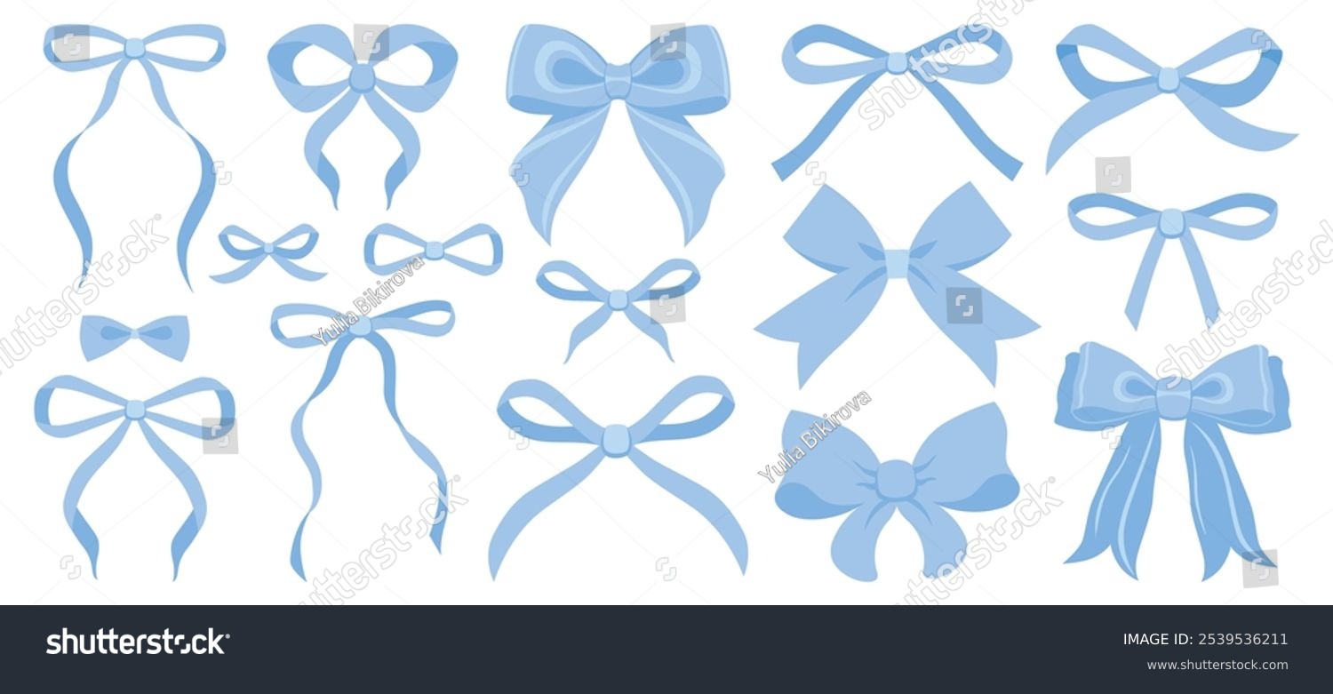 Simple hand drawn blue ribbon bow collection. Bowknot for decoration  big set of bowtie. Large retro hand drawn ribbon illustration set. Set of various cartoon bow knots  gentle gift ribbons