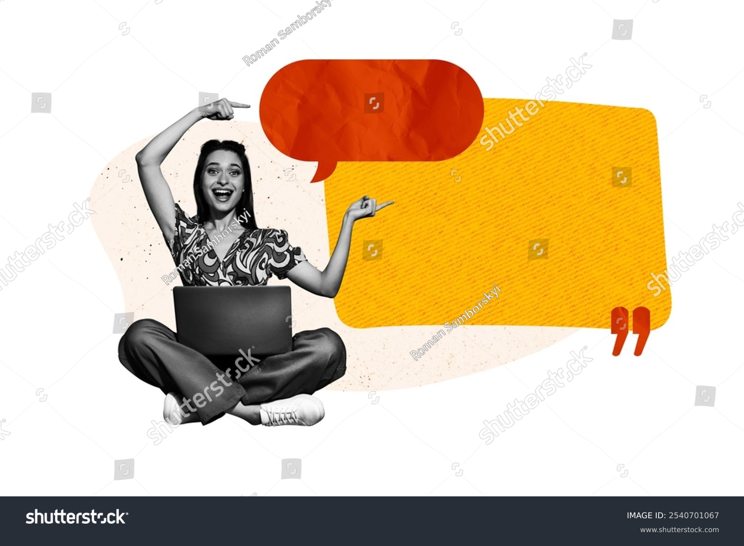 Composite photo collage of happy girl point bubble hold laptop correspondence notification message isolated on painted background